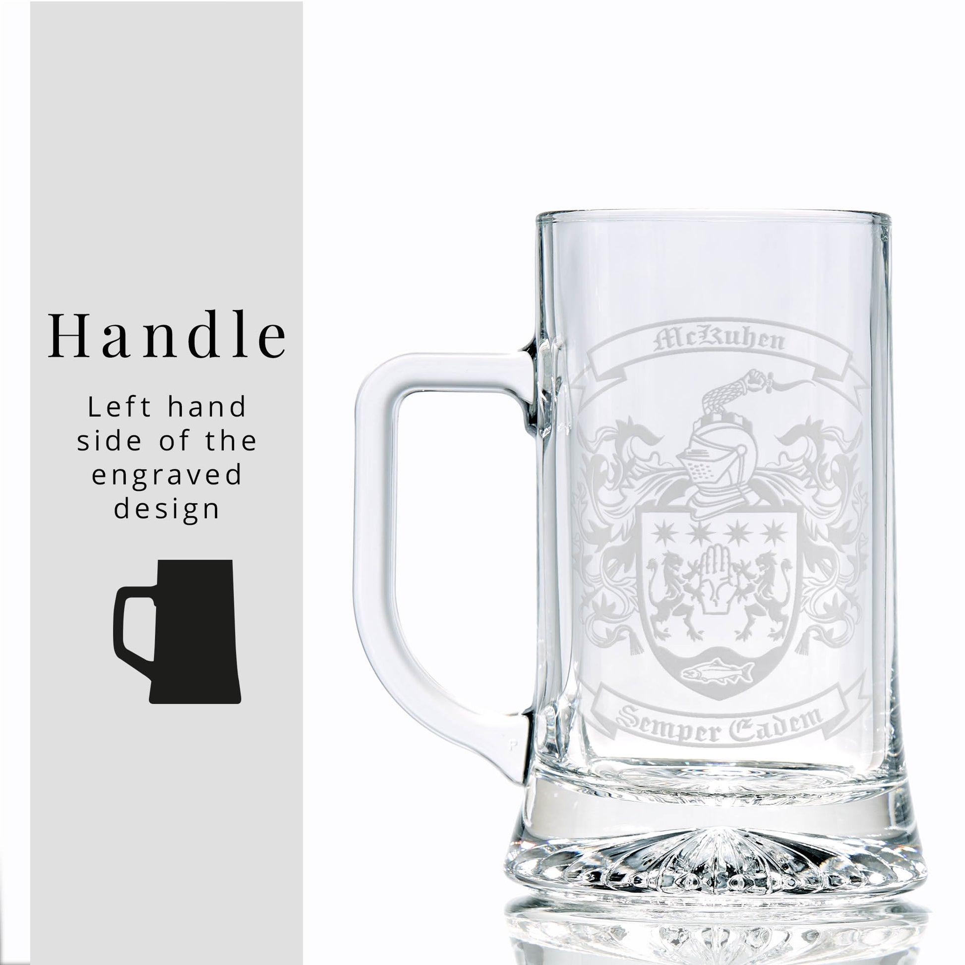 Handled glass tankard with heraldic shield — permanent, satin engraving.
