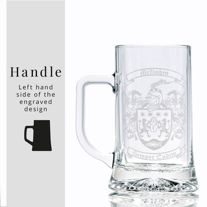 Handled glass tankard with heraldic shield — permanent, satin engraving.