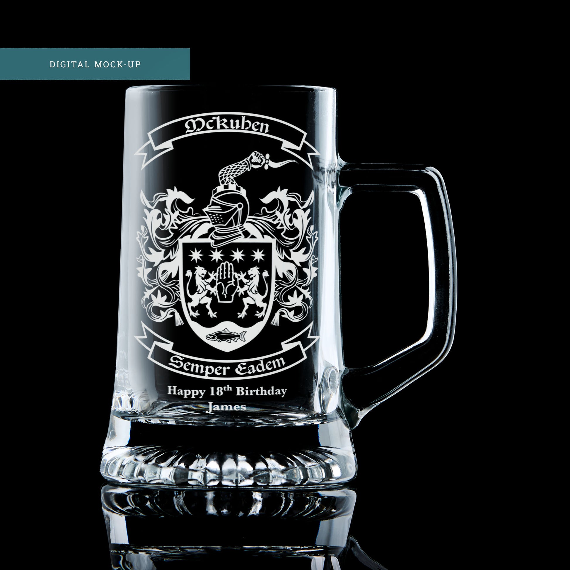 Digital mock-up of an engraved tankard featuring the McKuhen coat of arms, created for customer approval