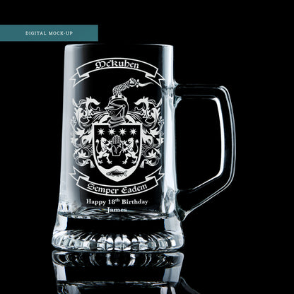 Digital mock-up of an engraved tankard featuring the McKuhen coat of arms, created for customer approval