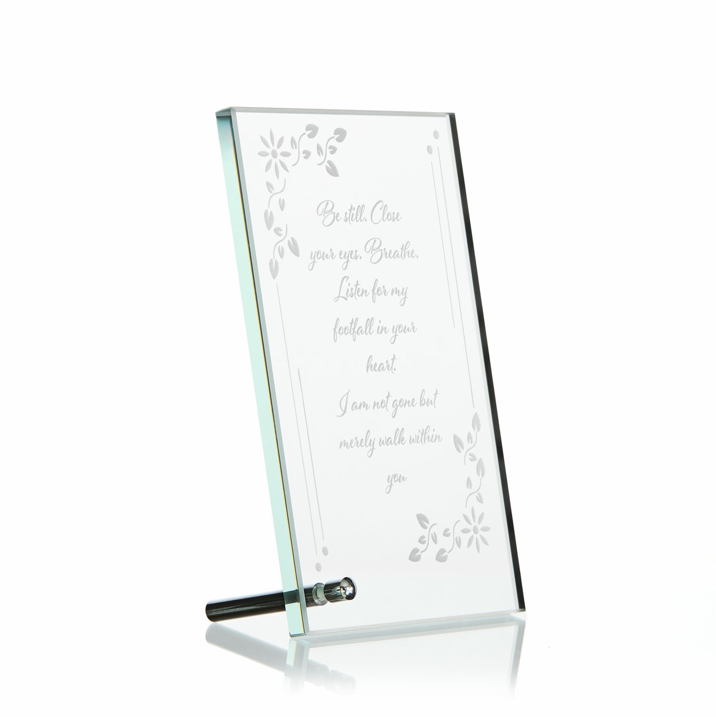 Engraved glass memorial plaque with floral border and personalised inscription - hown on white to highlight shape and proportions