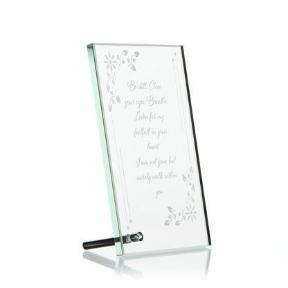 Engraved glass memorial plaque with floral border and personalised inscription - hown on white to highlight shape and proportions