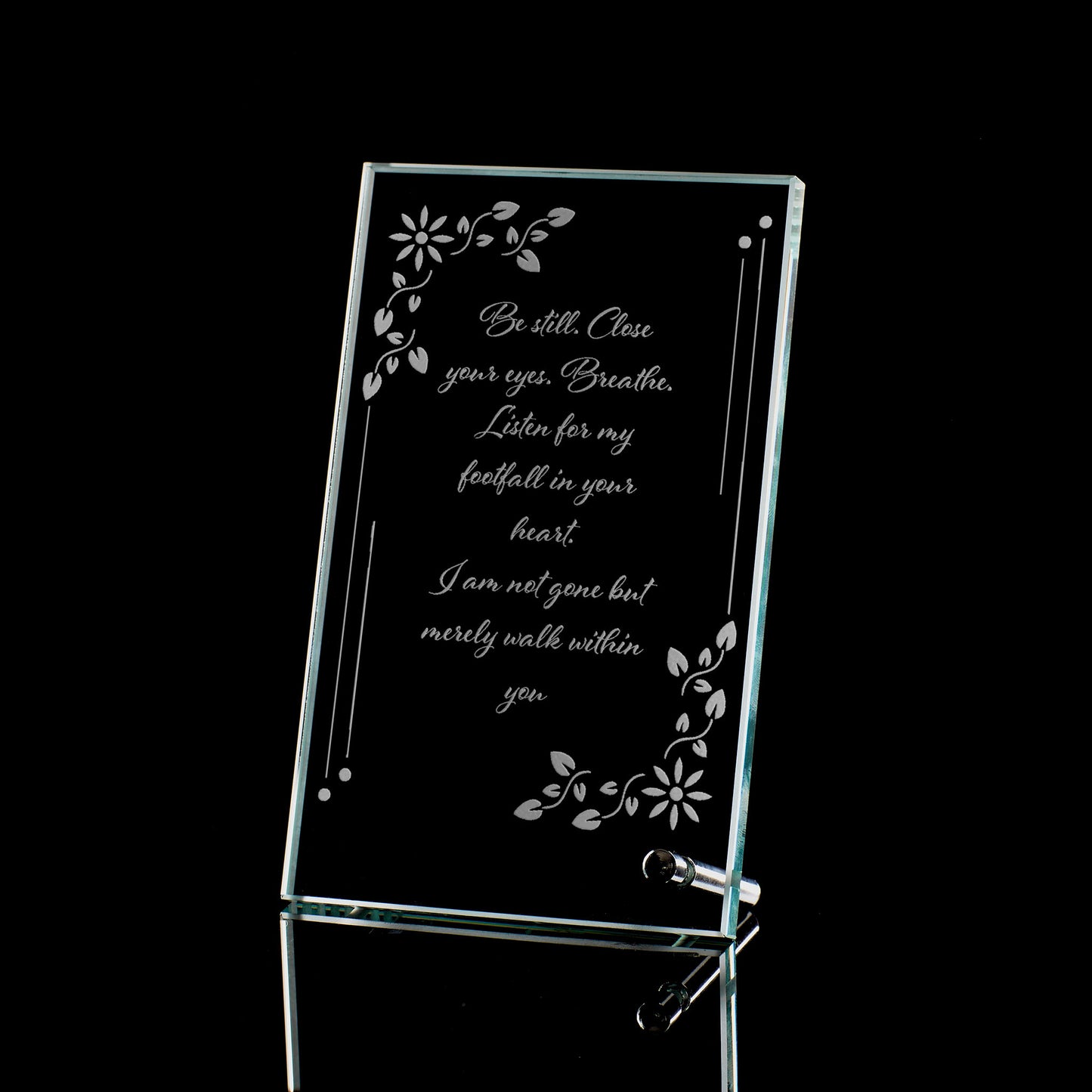 Engraved glass display plaque illustrated with a memorial verse and delicate flower design