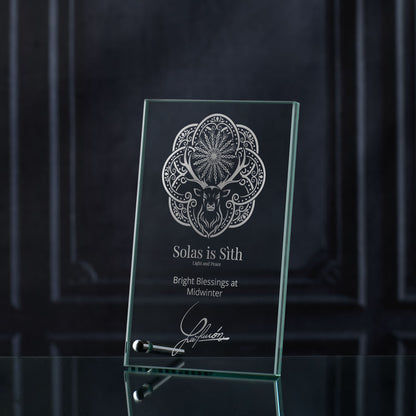 Engraved christmas glass plaque featuring the Midwinter Stag design with Gaelic inscription Light and Peace