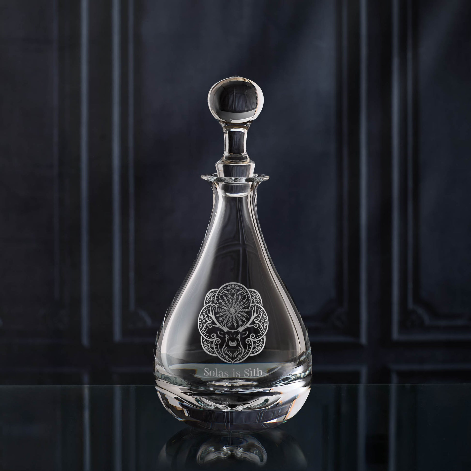 Atelier Wine Decanter engraved with the Midwinter Stag and Gaelic inscription ‘Light and Peace'
