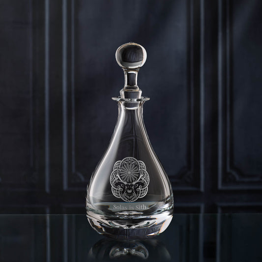 Atelier Wine Decanter engraved with the Midwinter Stag and Gaelic inscription ‘Light and Peace'