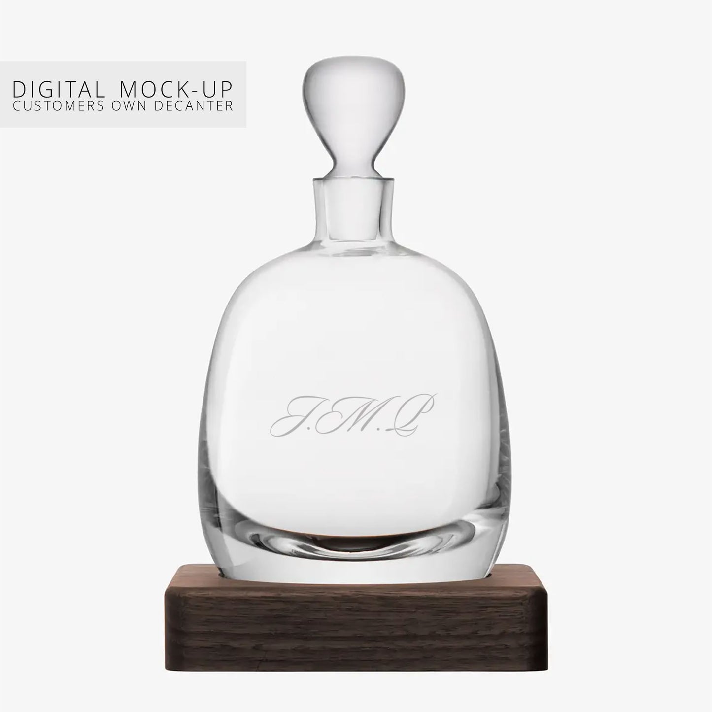 Digital mock-up of bespoke JMP monogram engraving on a decanter
