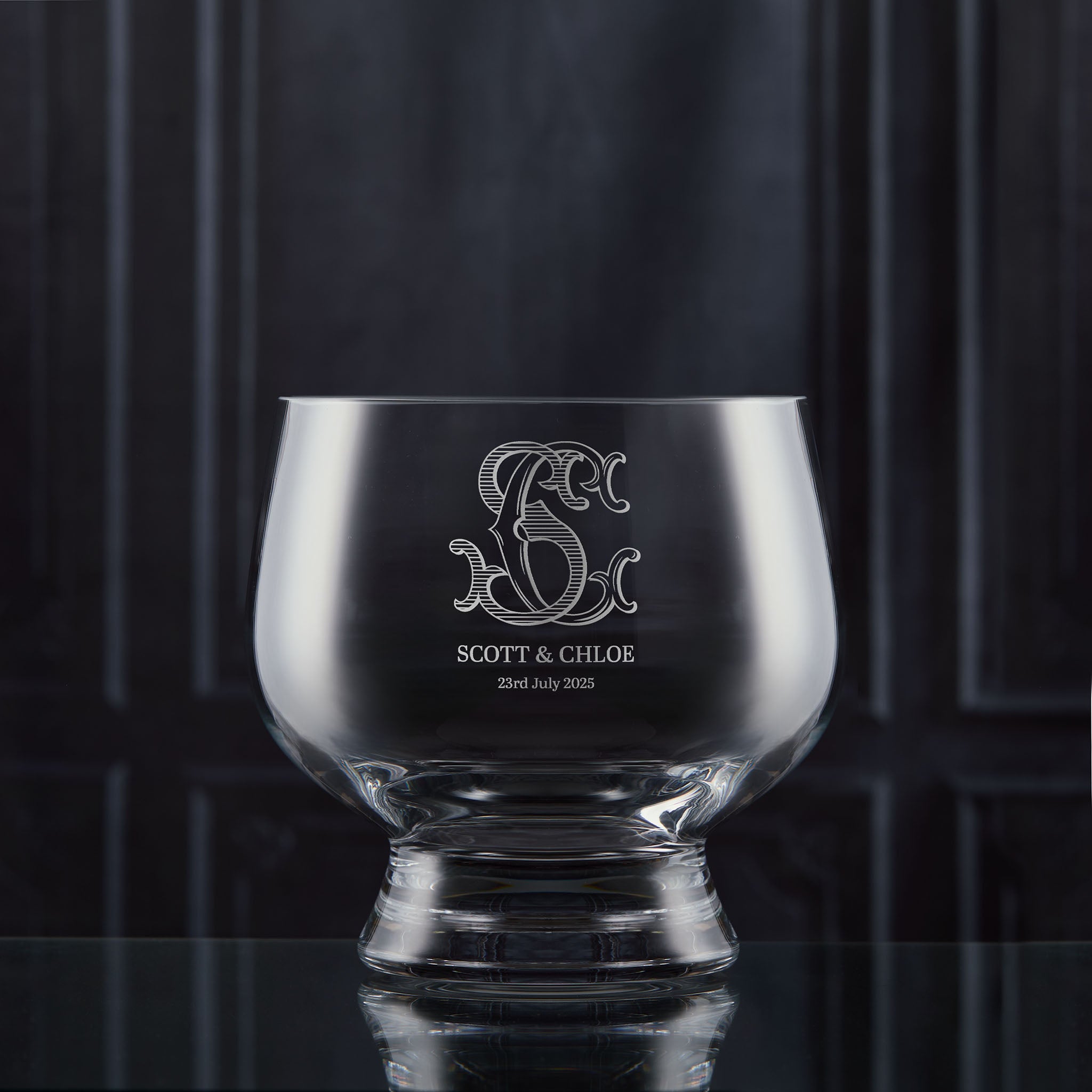 Personalised tulip presentation bowl engraved with a monogram, names and date