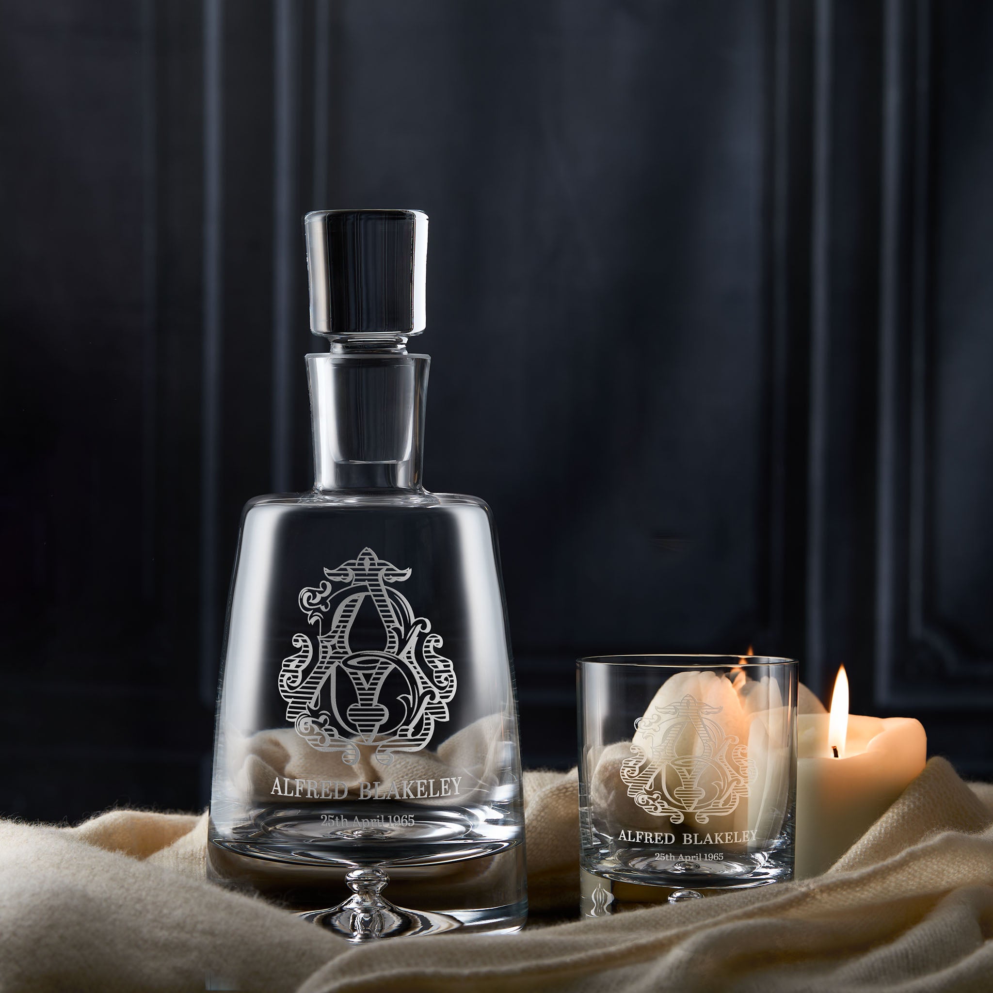 Monongram decanter and whisky glass gift set engraved with names and date
