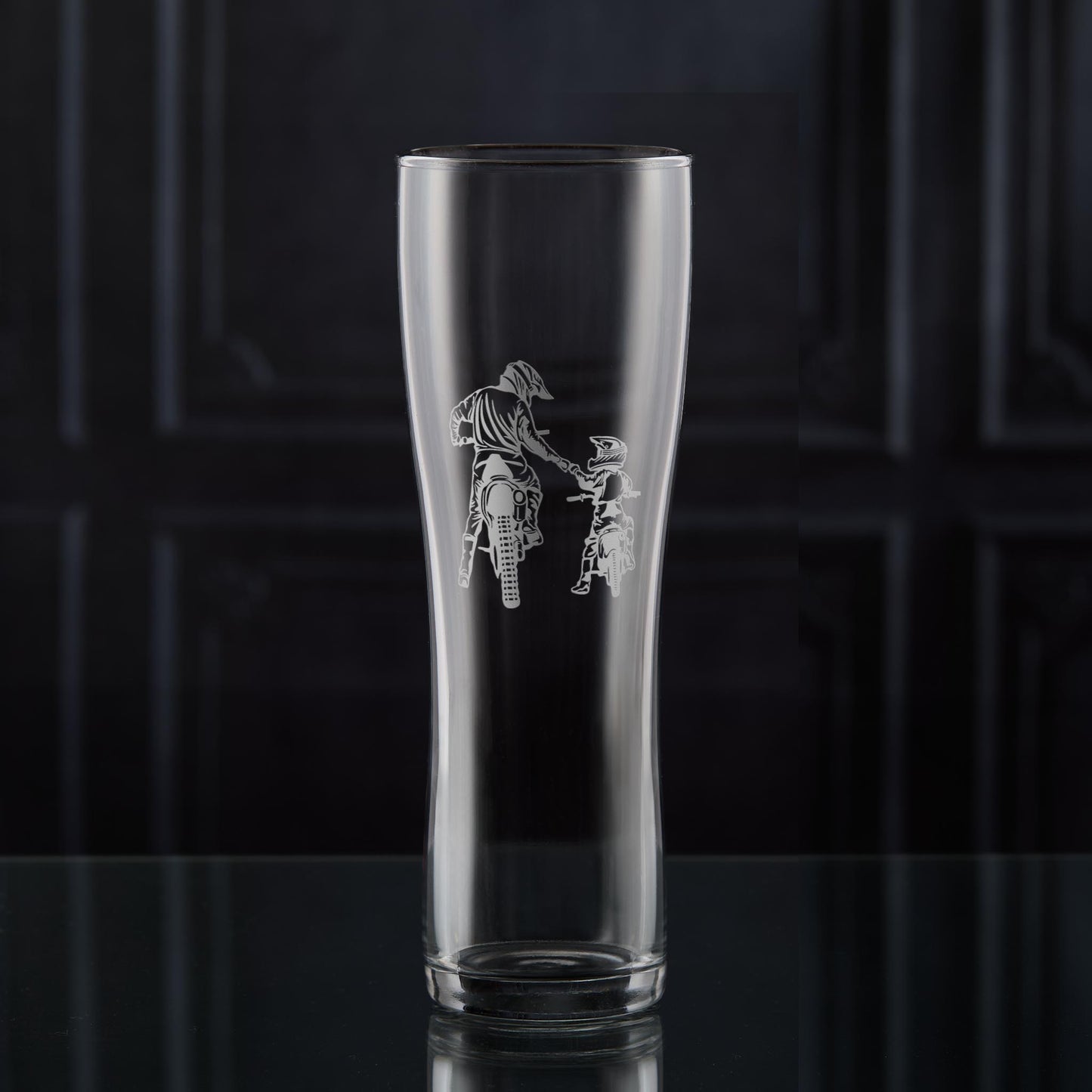 motocross pint glass engraved with two riders on bikes
