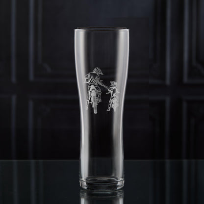 motocross pint glass engraved with two riders on bikes