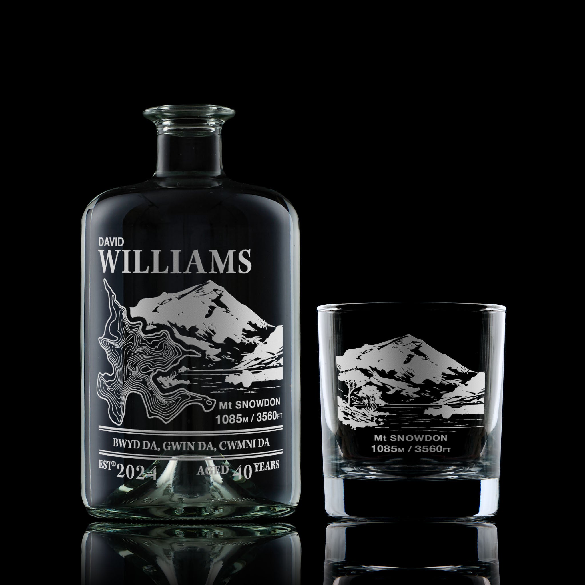 Apothecary deacnter and whisky glass engraved with Mount Snowdon and topograhic map, with a welsh personalised message