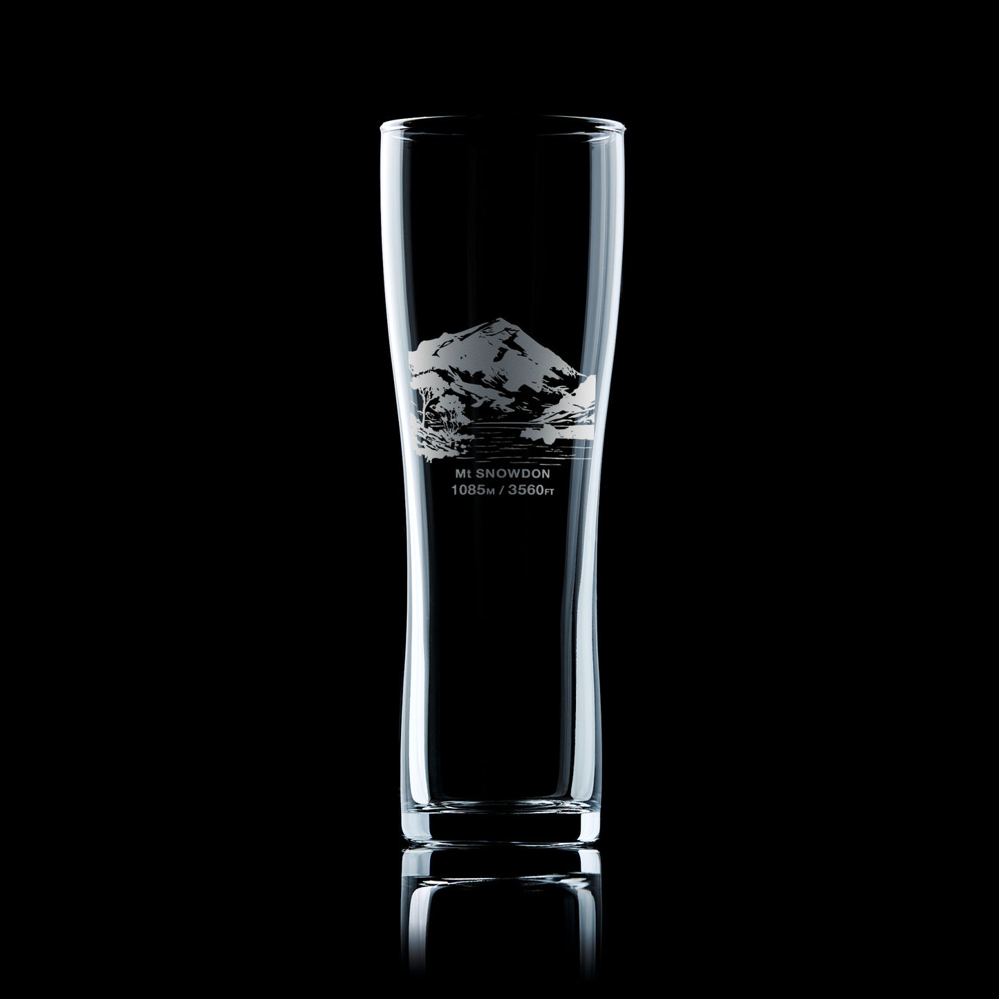 tall pint glass engraved with the welsh mountain Snowdon