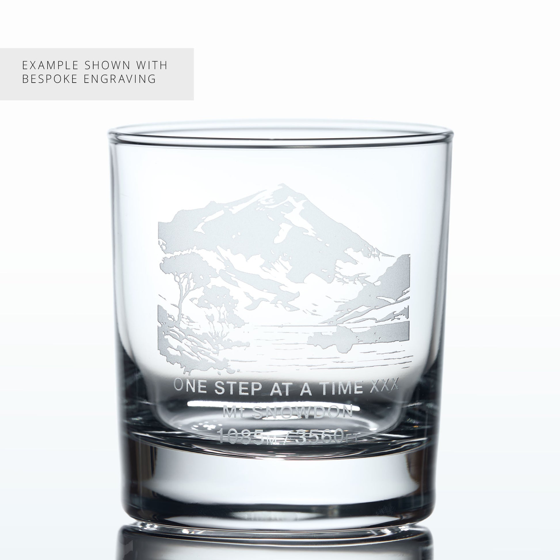Personalised whisky glass engraved with Mt Snowdon in Wales and engraved message