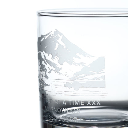 Close-up detail of a personalised whisky glass engraved with Mt Snowdon in Wales and engraved message