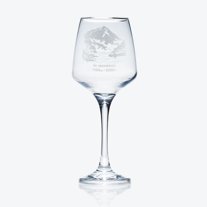 stemmed wine glass egraved with Mt Snowdon, a welsh mountain