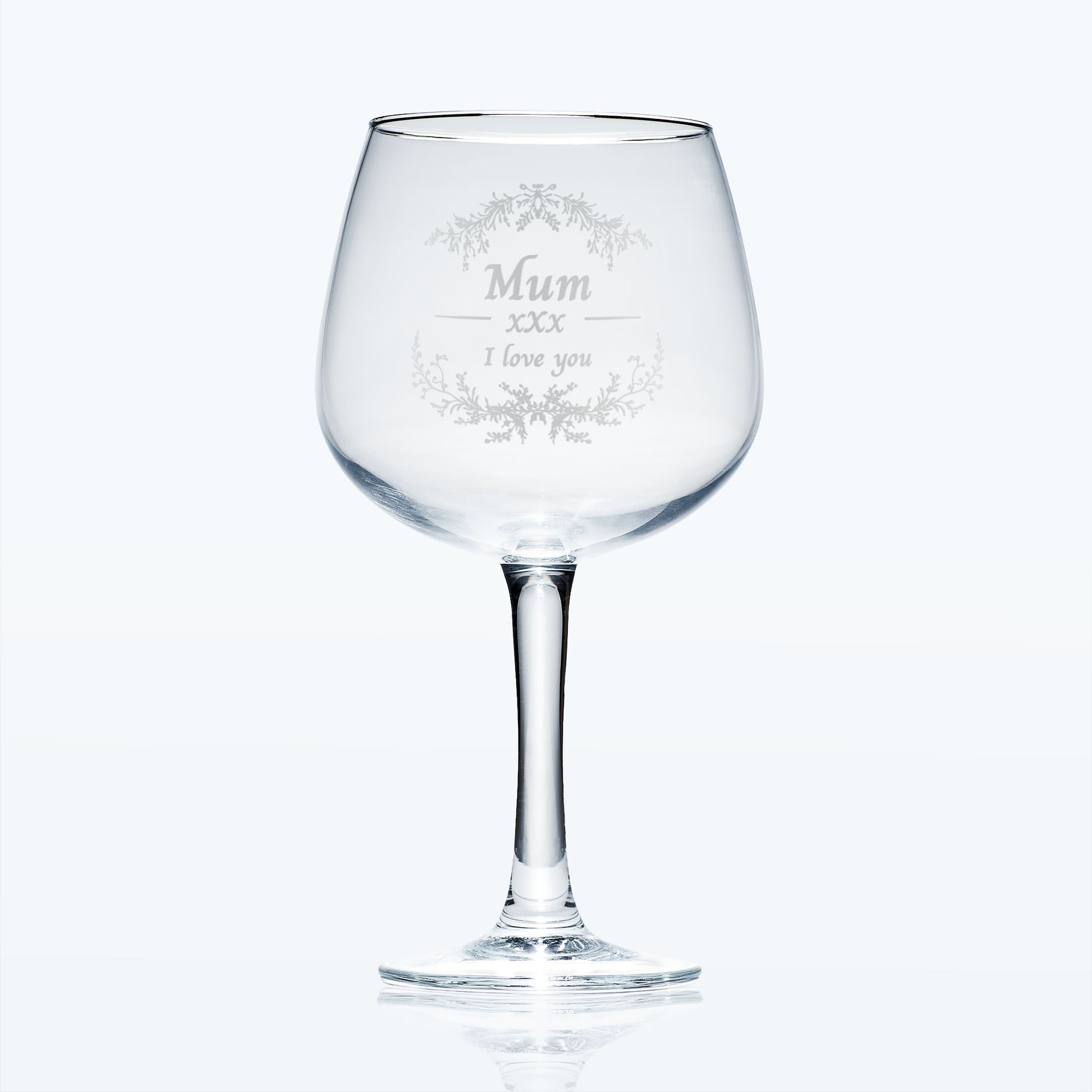 Balloon Gin glass engraved with the words “Mum I Love You” surrounded by delicate blossom branches.