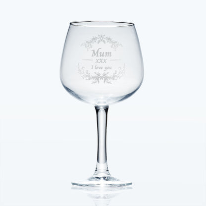 Balloon Gin glass engraved with the words “Mum I Love You” surrounded by delicate blossom branches.