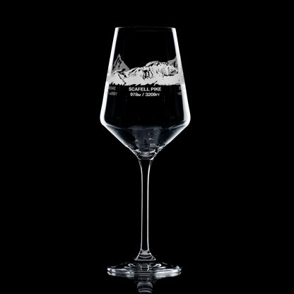 UKs higest mountains engraved wine glass on a black background