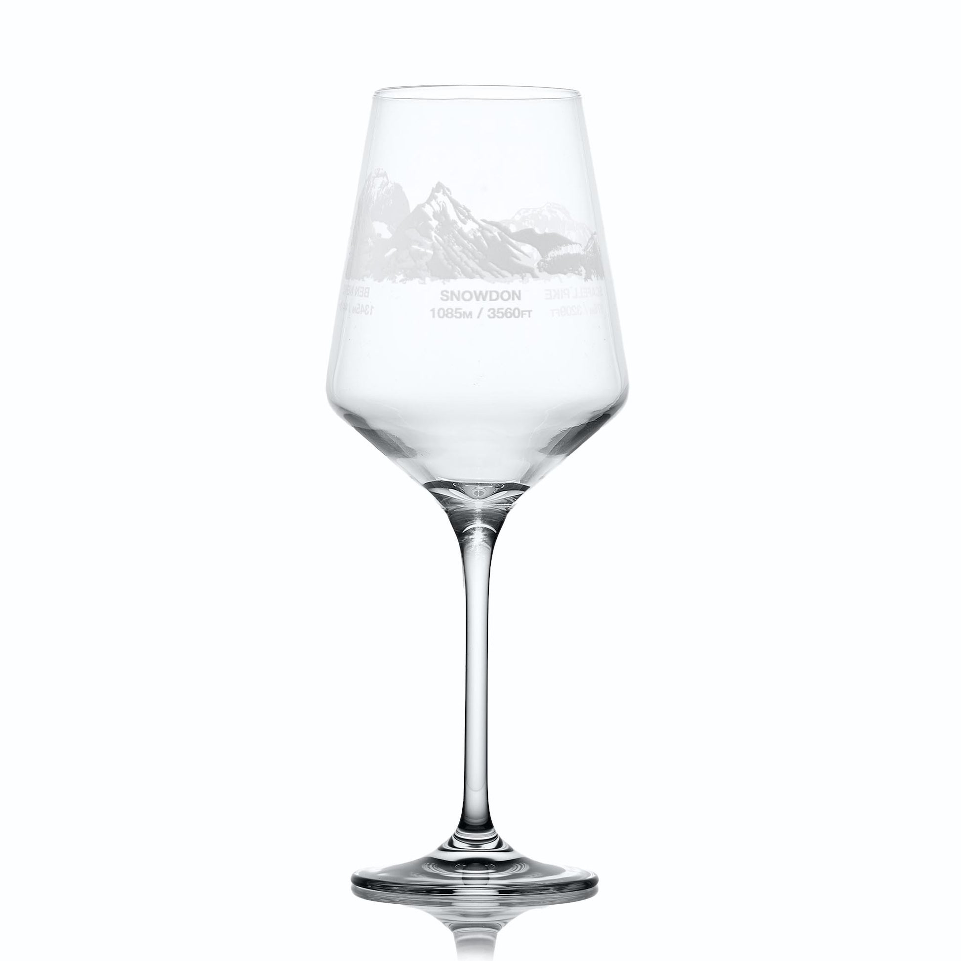 Stemmed wine glass engraved with three UK mountains, summit heights and personaliosed text