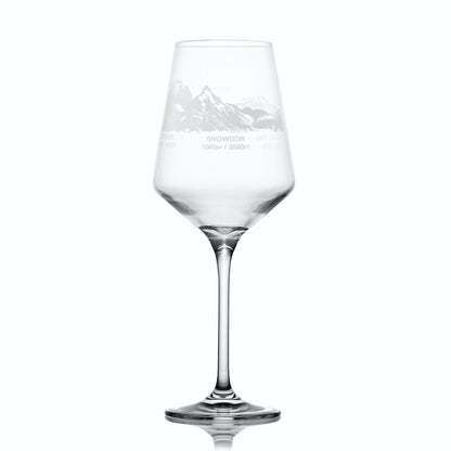 Stemmed wine glass engraved with three UK mountains, summit heights and personaliosed text