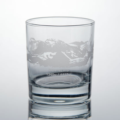 Whisky glass engraved with the Ben Nevis section of the National Three Peaks design, photographed on a white background