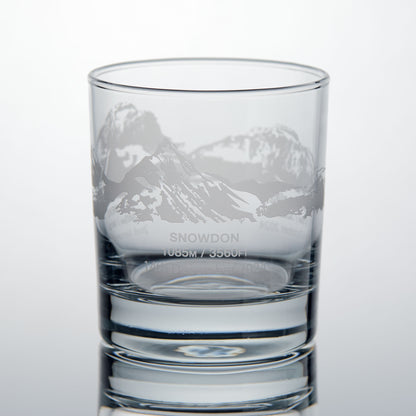 National Three Peaks Challenge whisky glass with engraved illustration of Snowdon