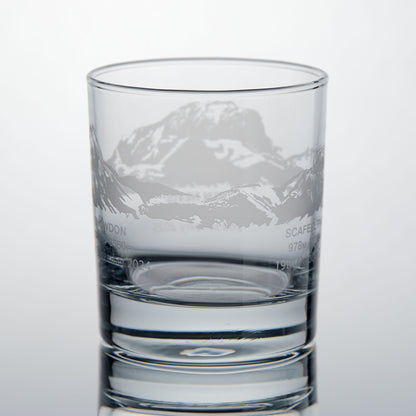 National Three Peaks Challenge whisky glass with engraved illustration of Snowdon and Scafell Pike