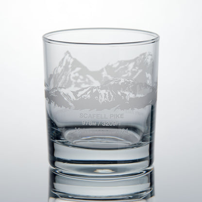 National Three Peaks Challenge whisky glass with engraved illustration of Scafell Pike