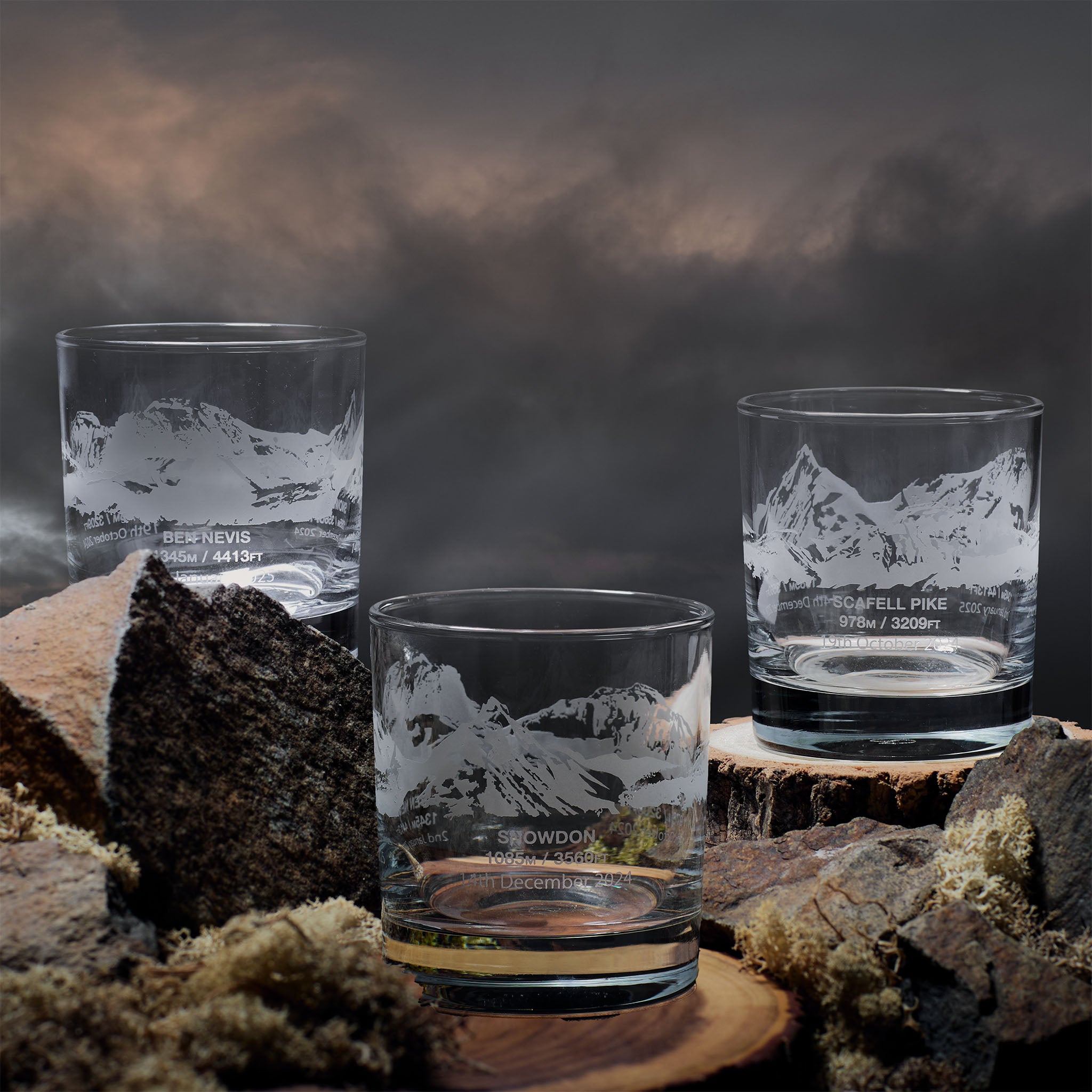National 3 Peaks whisky glasses featurings an engraveing of Ben Nevis, Scafell Pike, and Snowdon in a wrap around design. 