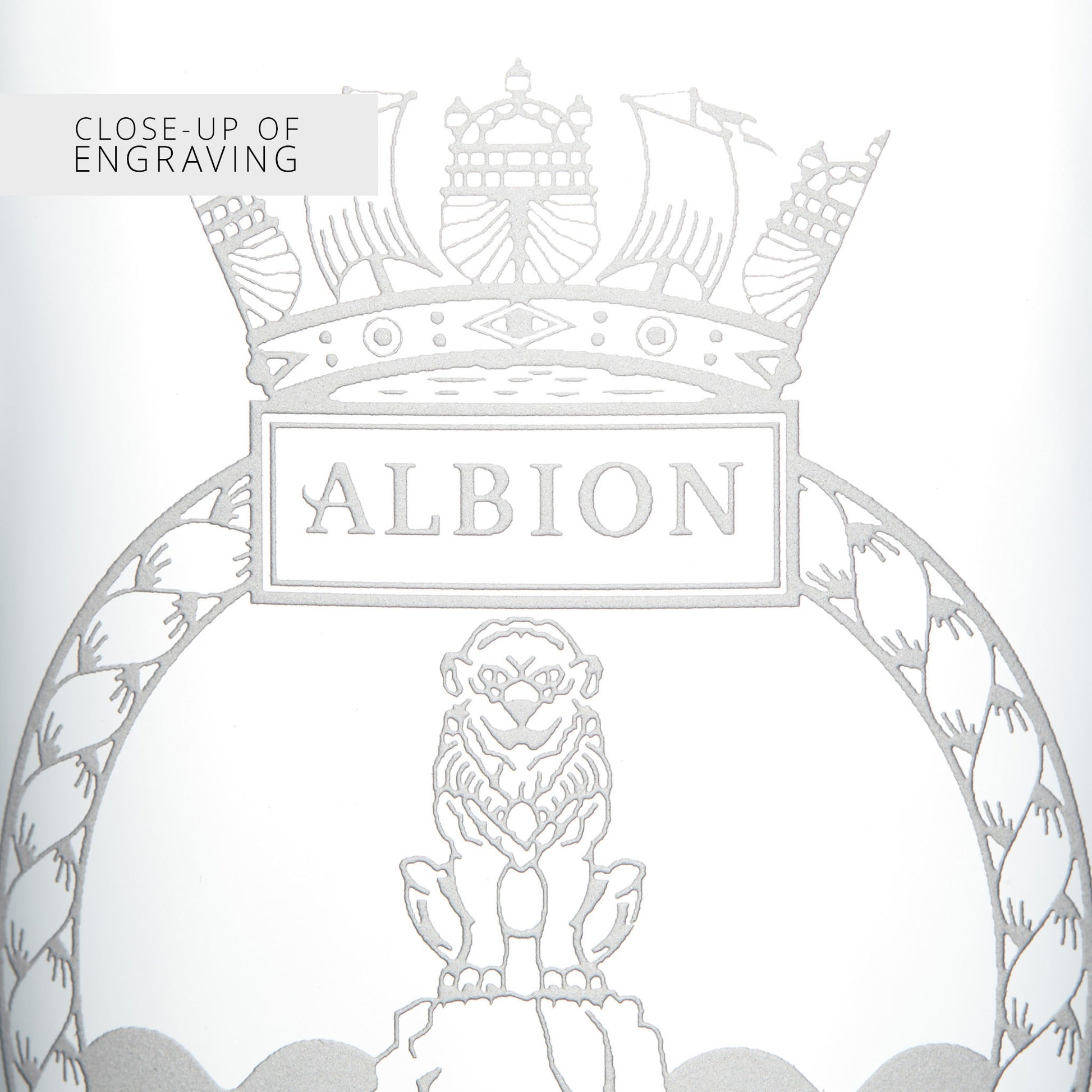 Close-up of engraved design with 'ALBION' text and lion and crown on a light gray background