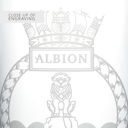 Close-up of engraved design with 'ALBION' text and lion and crown on a light gray background