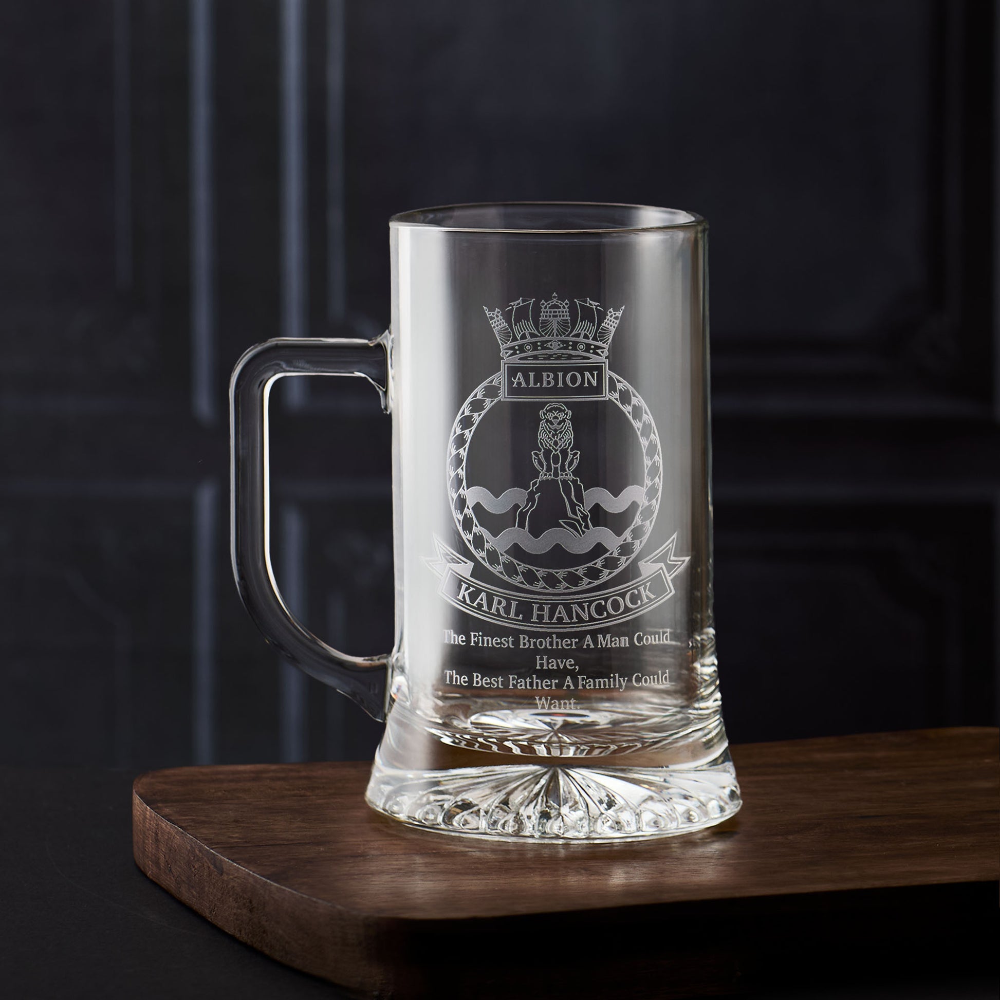 Beer tankard engraved with ships crest and personalised with names and a bespoke message
