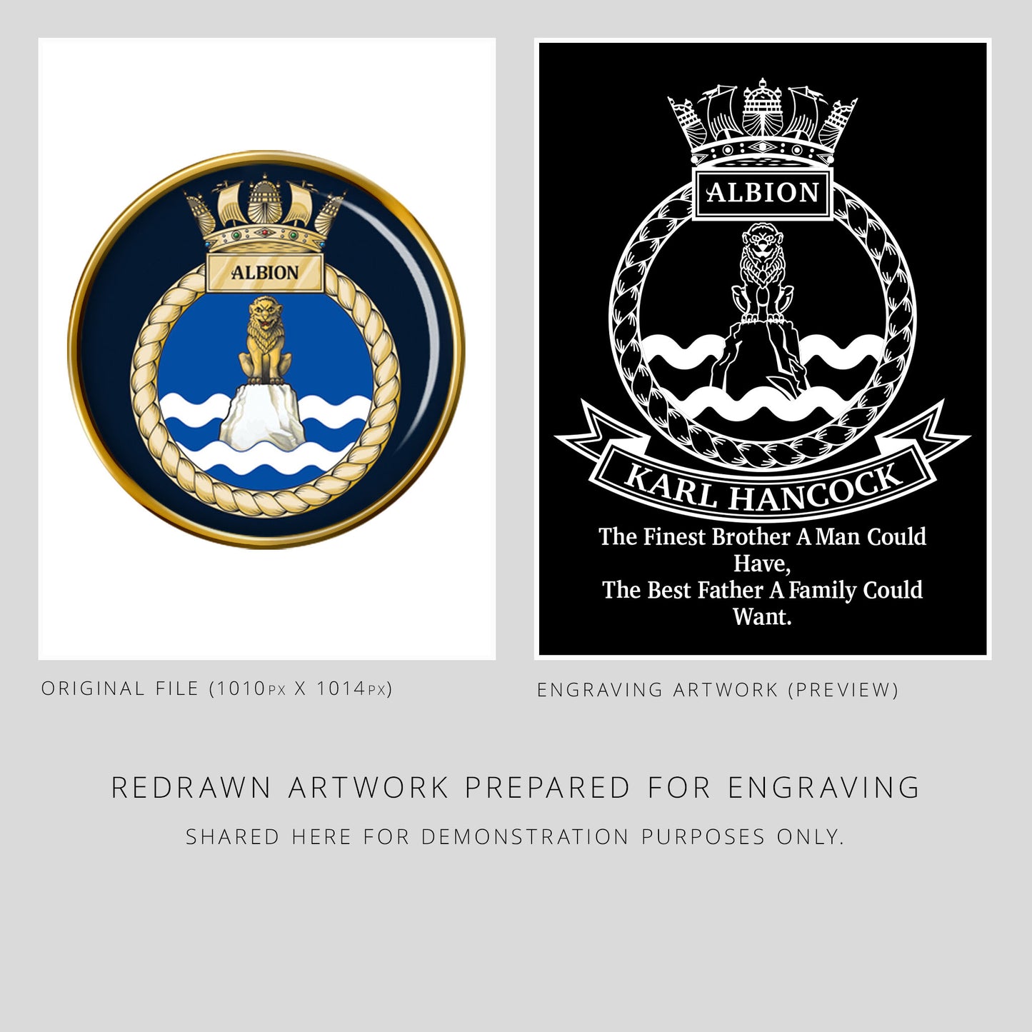 Original and engraved artwork of a naval emblem with personalised text - for illustration purpose only