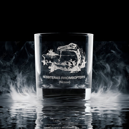 Whisky glass with an engraving of Nessie, the loch ness monster on a dark background with smoke effects