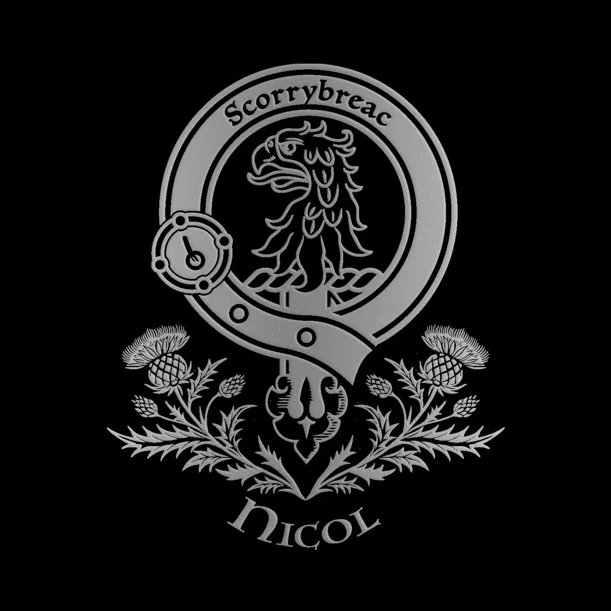 Engraved Nicol clan crest design — digital mock-up for reference; artwork engraved by Just The Ticket in our Fife studio