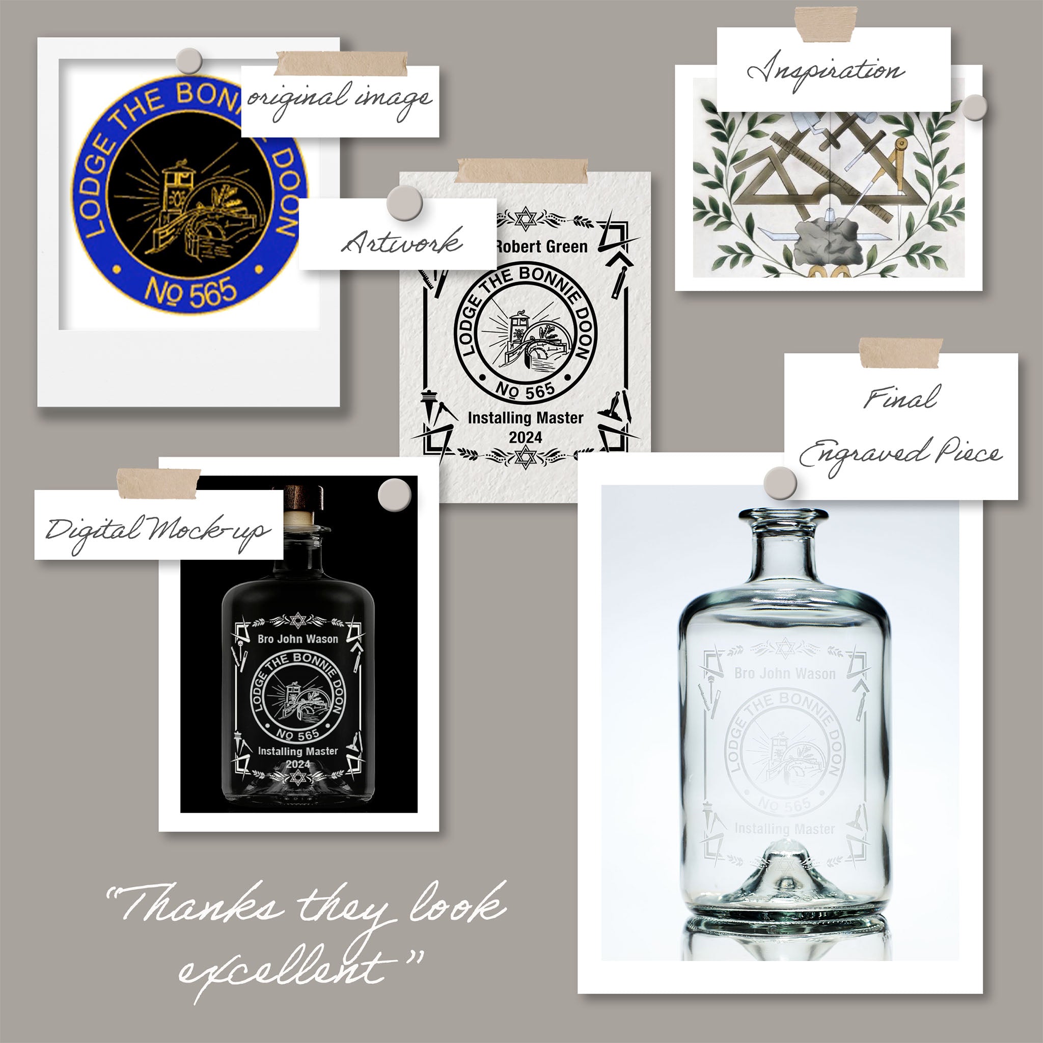 Collage of a bottle with engraved masonic design, artwork, and text on a gray background.