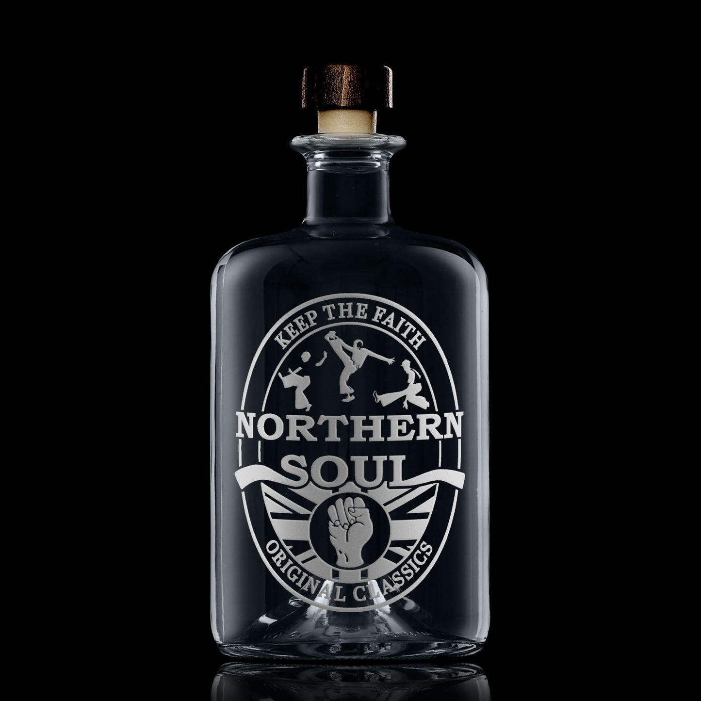 Decanter, apothecary style bottle with a Northern Soul clenched fist design on a black background