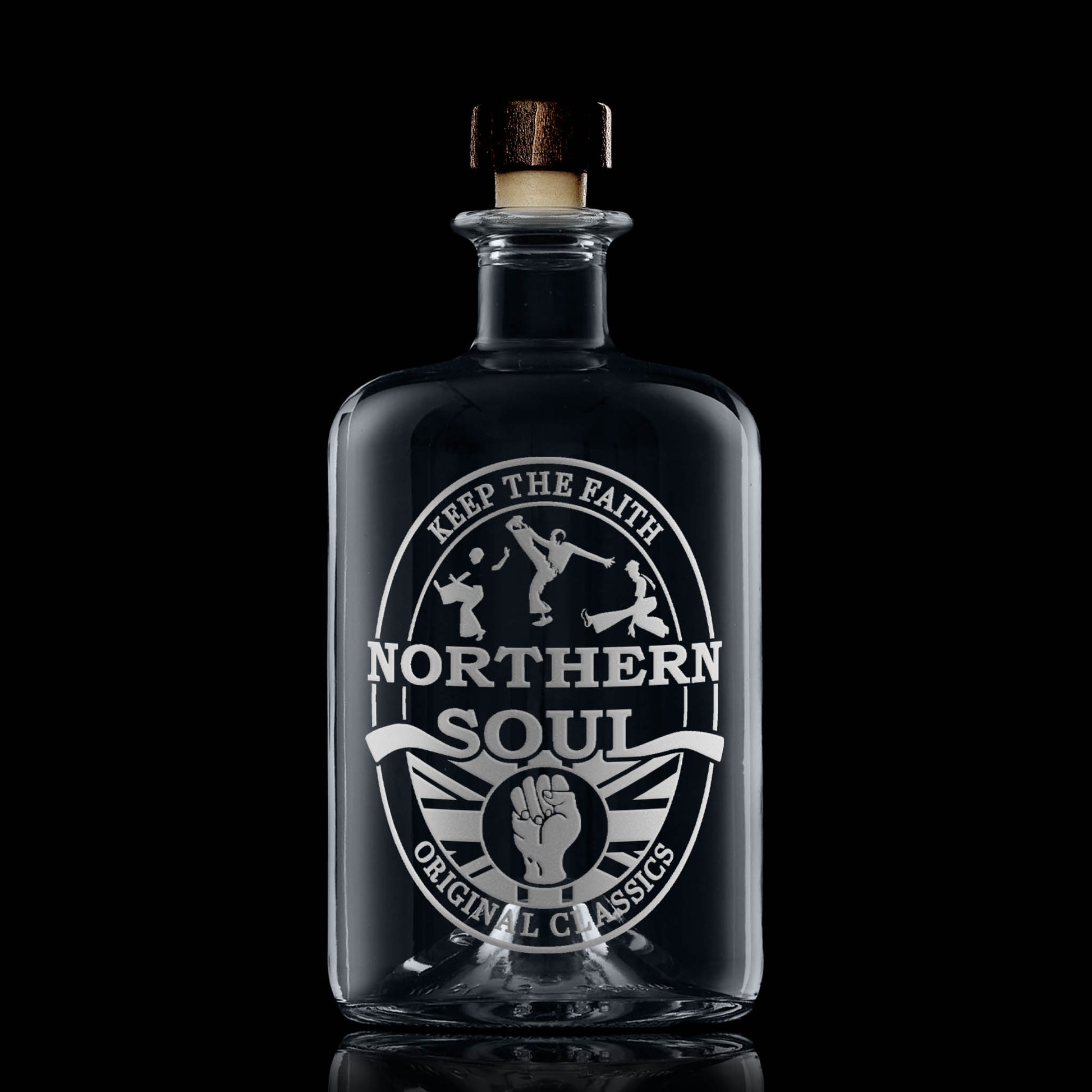 Decanter, apothecary style bottle with a Northern Soul clenched fist design on a black background