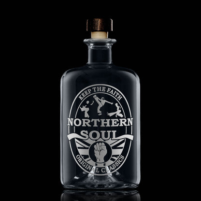 Decanter, apothecary style bottle with a Northern Soul clenched fist design on a black background