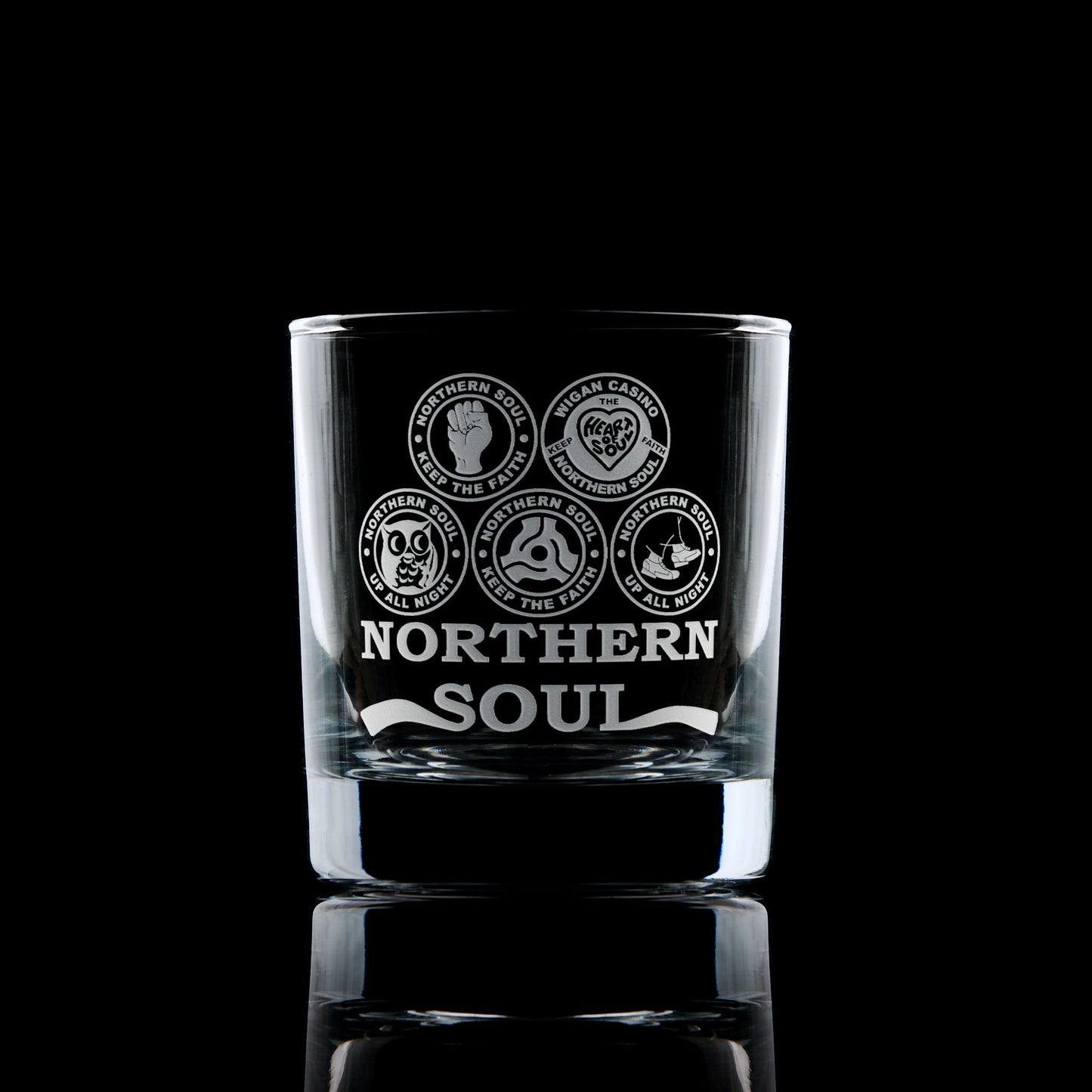 whisky glass engraved with five northern soul keep the faith badges