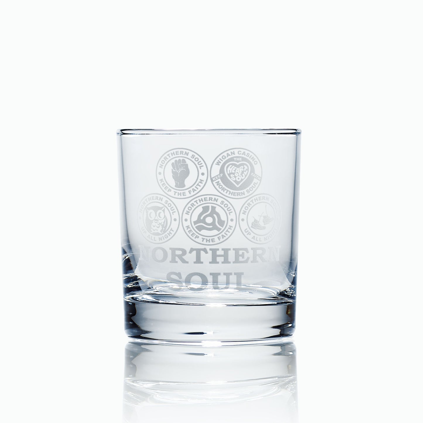 whisky glass engraved with five northern soul keep the faith badges