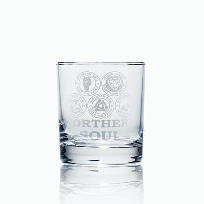 whisky glass engraved with five northern soul keep the faith badges