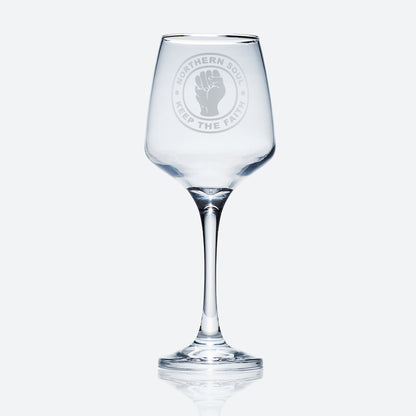 engraved northern soul clenched fist badge keep the faith stemmed wine glass 