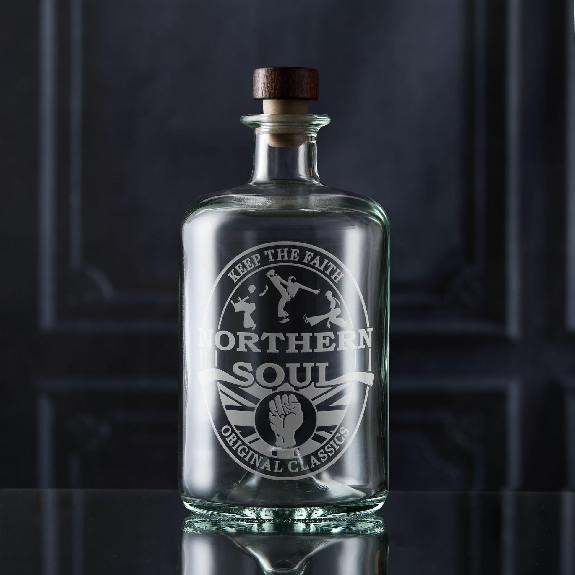 Engraved apothecary-style glass decanter with Northern Soul oval beer mat design featuring clenched fist, Union Jack, dancers, and “Keep the Faith” message