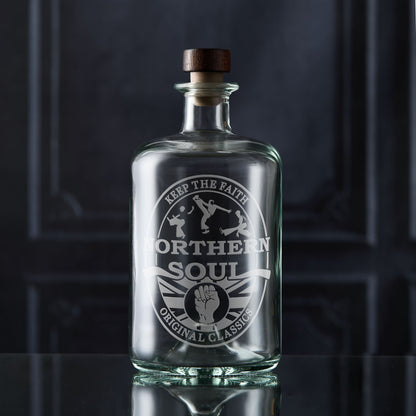 Engraved apothecary-style glass decanter with Northern Soul oval beer mat design featuring clenched fist, Union Jack, dancers, and “Keep the Faith” message