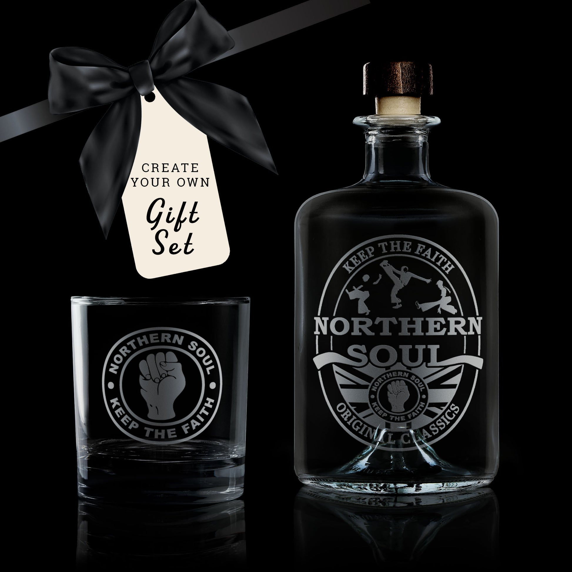 whisky glass and decanter gift set engraved with a northern soul keep the faith design