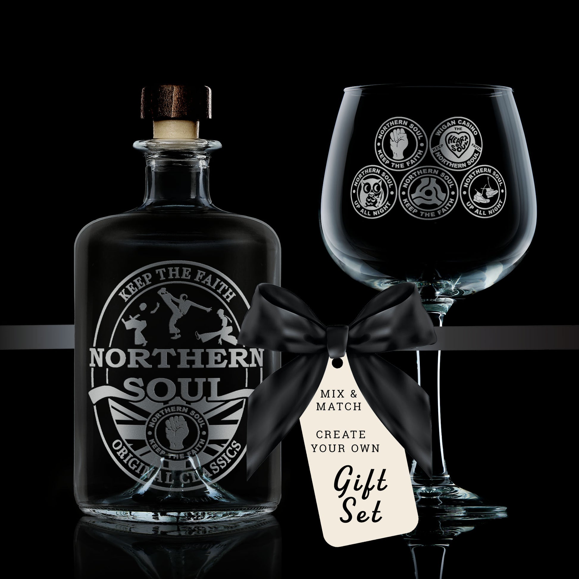 stemmed gin glass and gin decanter gift set engraved with northern soul and wigan casino badges