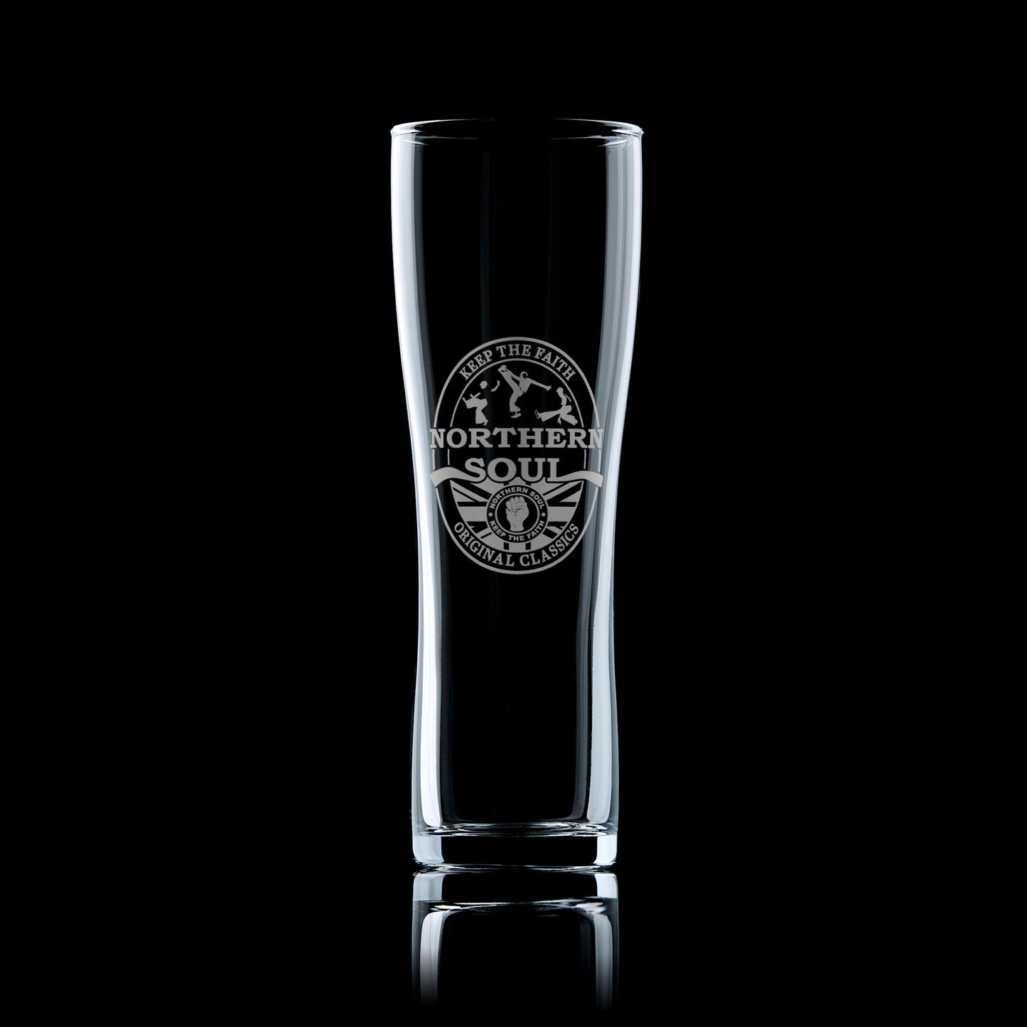 Pint Glass engraved with northern soul clenched first and keep the faith