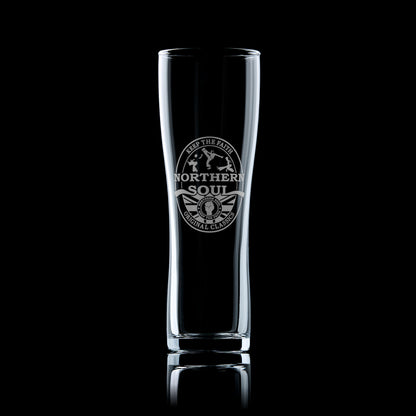 Pint Glass engraved with northern soul clenched first and keep the faith